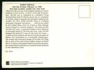 FDC scott C113 Alfred Verville Aviation 1985 Fleetwood Cachet Maximum Card