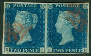 SG 4 1840 2d deep full blue plate 1 horizontal pair. Very fine used with red...