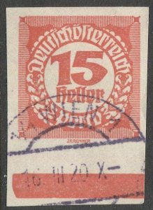 AUSTRIA 1920  Sc J95  15h Imperf Postage Due Used, F-VF