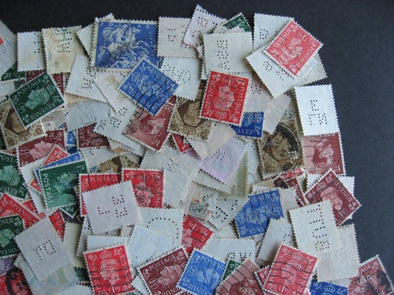 Great Britain KGVI KEVIII perfins mixture (duplicates, mixed condition) of 375 