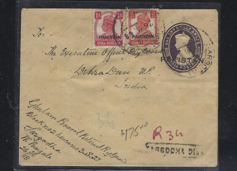 PAKISTAN (P1203B) 1949 KGVI  1 1/2A PSE UPRATED 1A+2A TO DEHRA DUN 1948