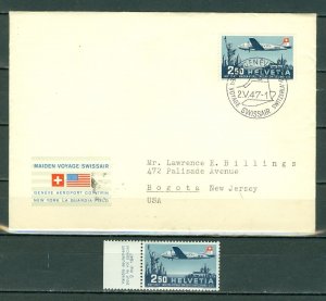SWITZERLAND 1947  #C42 ISSUED FOR SPECIAL AIRMAIL  FLIGHT COVER ... TO US