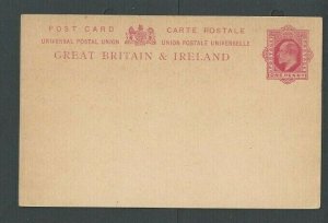 Ca 1908 Grt Britain 1p Red Postal Card Mint On Buff