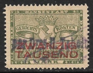 GERMANY 1923 ZWANZIGTAUSEND on ZWANZIGm BREMEN COURT FEES Revenue Erler E15 Used