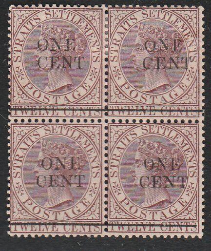 MALAYA STRAITS SETTLEMENTS 1892 ONE CENT opt block of 4 mint SG92..........65915