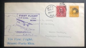 1929 Miami Fl USA First Flight cover FFC To Santo Domingo Dominican Republic