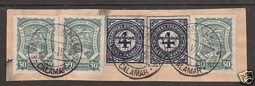 Colombia Sc 396/C44 used, 5 stamps on piece, 1929 CDS