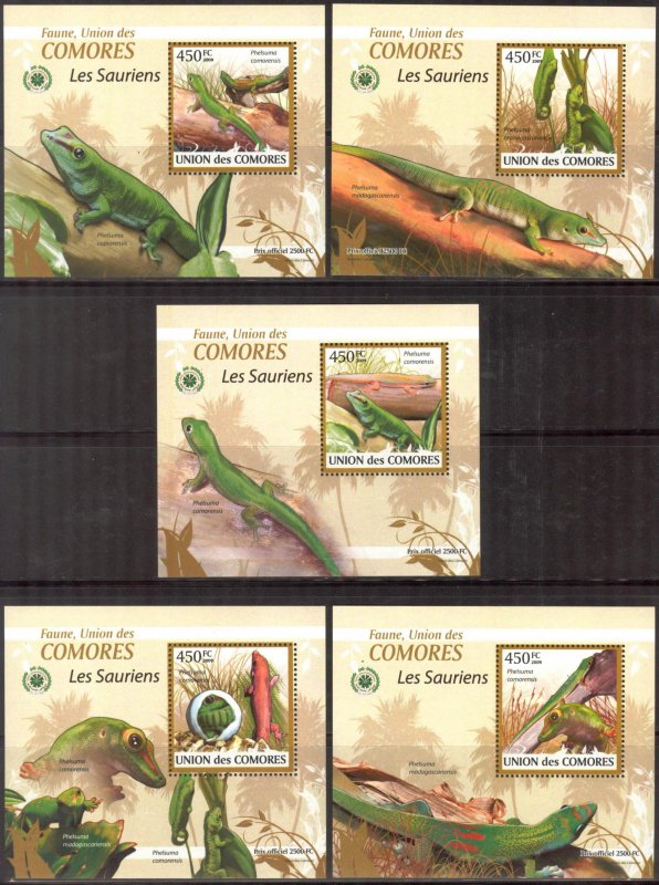 {103} Comoros 2009 Lizards 5 S/S Deluxe MNH**