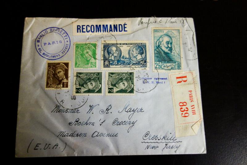 France Registered 1933 Cover to Cresskill NJ VF Condition