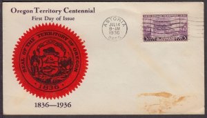 1936 Oregon Territory 100 years Sc 783-2a FDC Unknown cachet Missoula MT