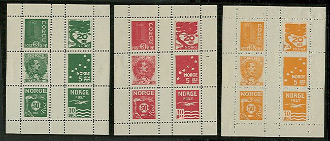 NORWAY 1912, ESSAYS, sheetlets of 6 in 5 diff colors NH scarce