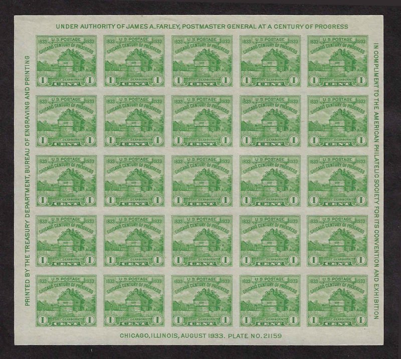 U.S. #730 Imperf - Unused LH; 1c Pane of 25 - Century of Progress Issue (1933)