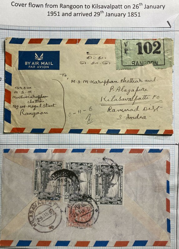 1951 Rangoon Burma Airmail Registered Cover To Kilsavalpatt India