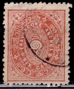 India, Travancore Anchel, 1910, Conch Shell, six cash, sc#13, used