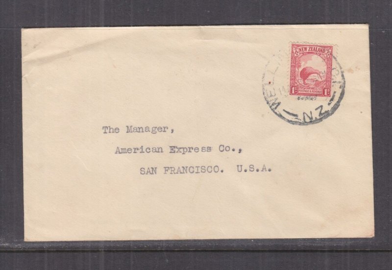 NEW ZEALAND, c1937 Bank of NSW cover, 1d. Kiwi, Wellington to USA. 