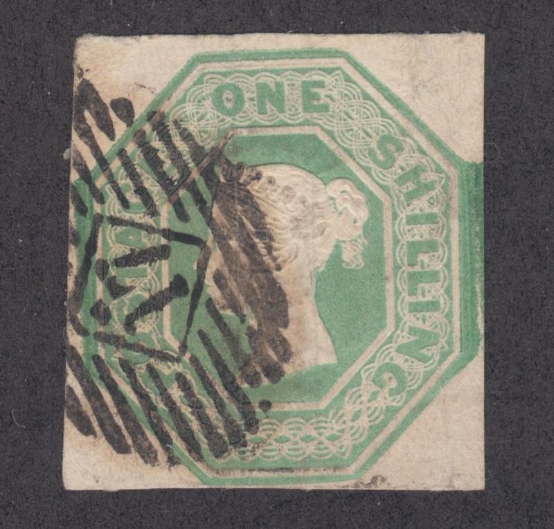 Great Britain Sc 5 used 1847 1sh pale green imperf Queen Victoria, 17 in grid 