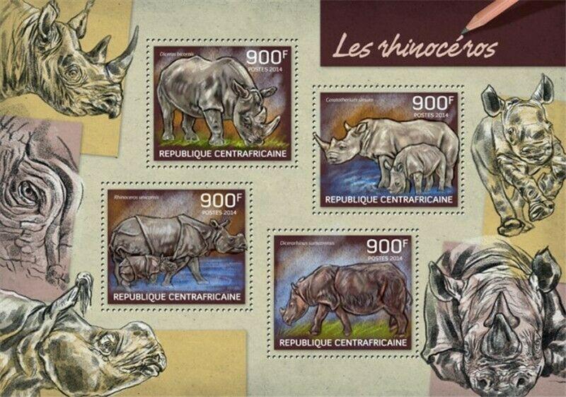 Central Africa - 2014 Rhinoceros on Stamps - 4 Stamp Sheet - 3H-659