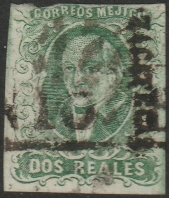 Mexico 1856 Sc 3 used Zacatecas overprint darker green