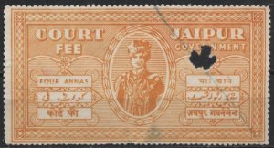 India: Jaipur (used) 4a court fee stamp, Raja Man Singh II, orange