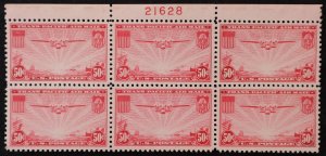 U.S. Mint Stamp Scott #C22 Top Plate # Block/6. 3 Stamps LH, 3 Stamps NH.