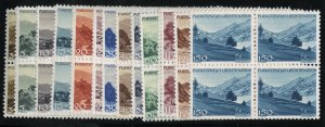 Liechtenstein #198-211 Cat$160+, 1944-45 Views, complete set in blocks of fou...