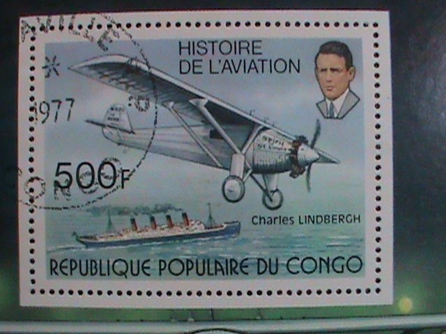 CONGO STAMP:1977 HISTORY OF AVIATION- CHARLES LINDBERGH CTO S/S SHEET