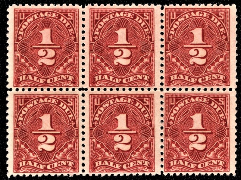 US J68 MNH VF 1/2 Cent Postage Due Perforated 11 Block of 6 SCV $17