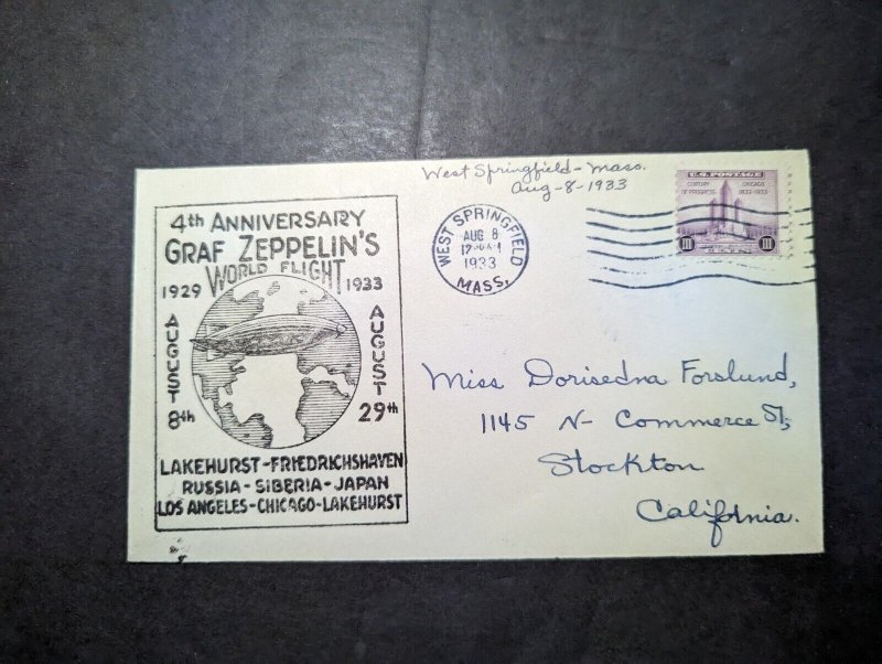 1933 USA Cover West Springfield MA to Stockton CA Graf Zeppelin 4 Years Flight