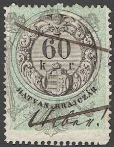 HUNGARY 1868 60kr Military Border Revenue Barefoot #14, Perf 12, Used VF