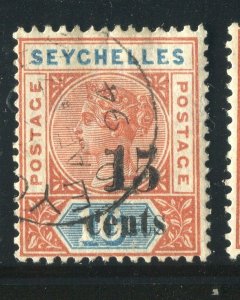 SEYCHELLES; 1893 classic QV Surcharged issue fine used hinged 15 CENTS. value