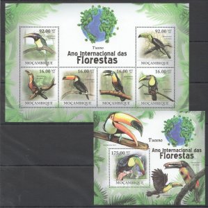 BC1256 2011 MOZAMBIQUE FAUNA FLORESTAS BIRDS TOUCANS KB+BL MNH