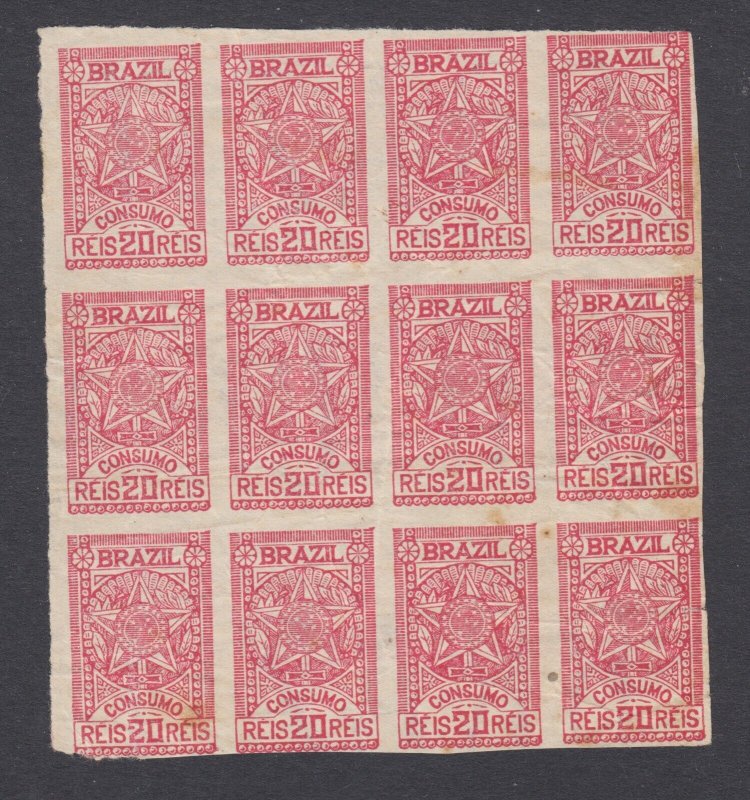 Brazil Forbin 151 MNG. 1901 20r carmine Star, block of 12, no gum, light wrinkle