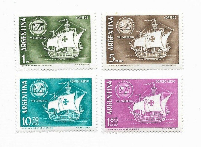 ARGENTINA 1960 SHIPS UPU ANNIVERSARY 4 VALUES MINT NH SCOTT 720/1 C78/9 MI 745/8