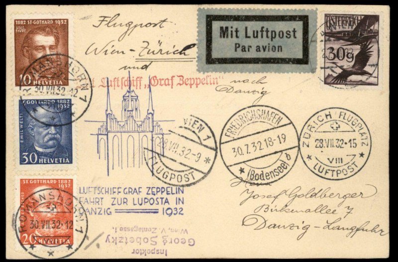 Austria Switzerland Danzig 1932 Graf Zeppelin Si169 LUPOSTA Mixed Frank Co 99822