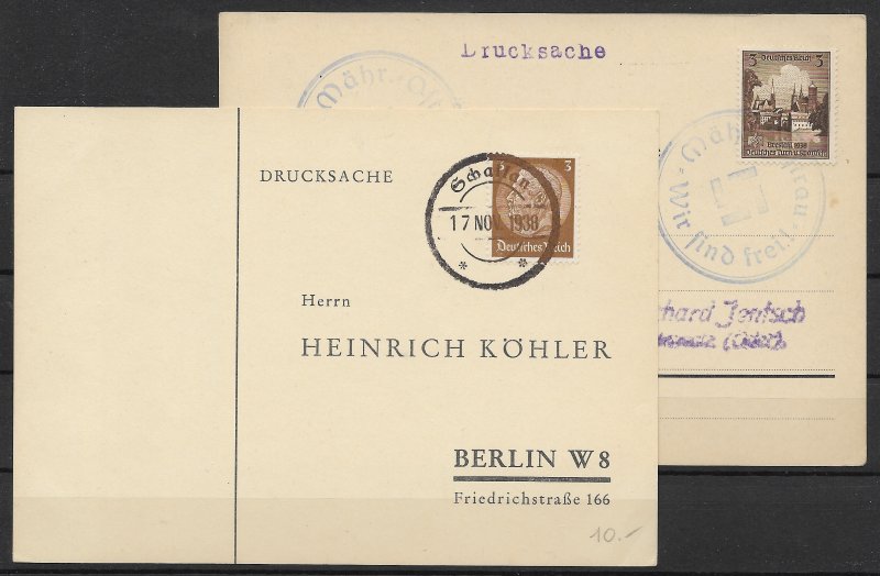 Sudetenland: 1938 Two Cards with Liberation Cancellations