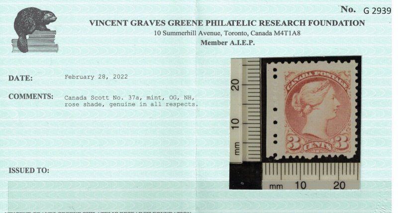 Canada #37a Very Fine Never Hinged Left Margin Example **With Certificate**