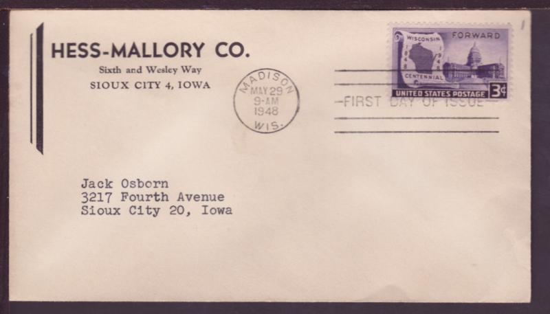 Wisconsin 1948 Hess Mallory Co Typed FDC BIN 2109