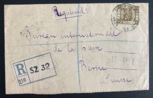 1919 Army PO SZ 32 Palestine Registered Cover To Bern Switzerland