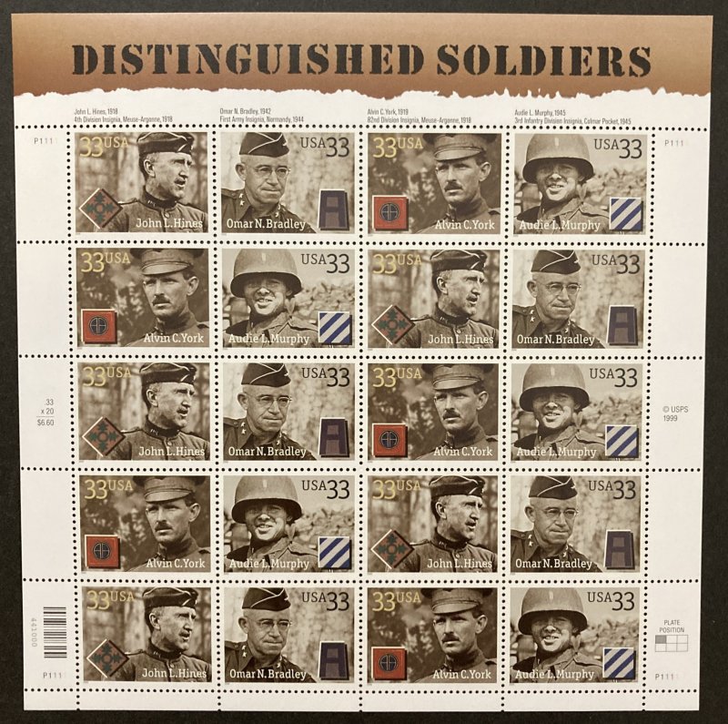 U.S. 2000 #3393-6 Sheet, Distinguished Soldiers, MNH.