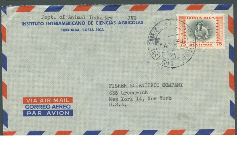 COSTA RICA TURRIALBA 8/12/1957 AIRMAIL COVER TO NEW YORK AS SHOWN