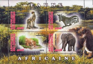 Congo African Fauna Cheeta Zebra Panthera Elephant Souv. Sheet of 4 MNH