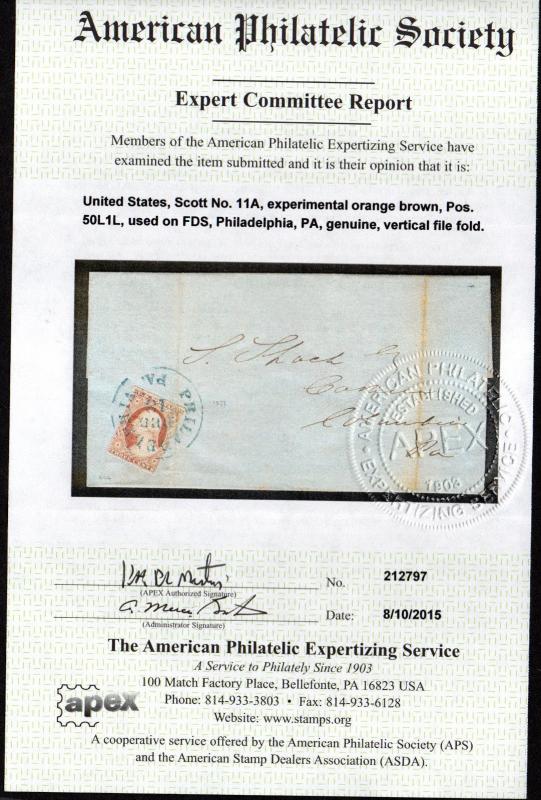 $US Sc#11a experimental orange brown, Pos 50L1L, APS Cert., Cv. $700