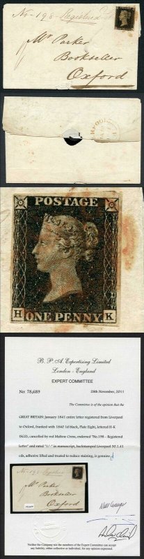 Penny Black (HK) Plate 8 on REGISTERED COVER VERY RARE BPA cert