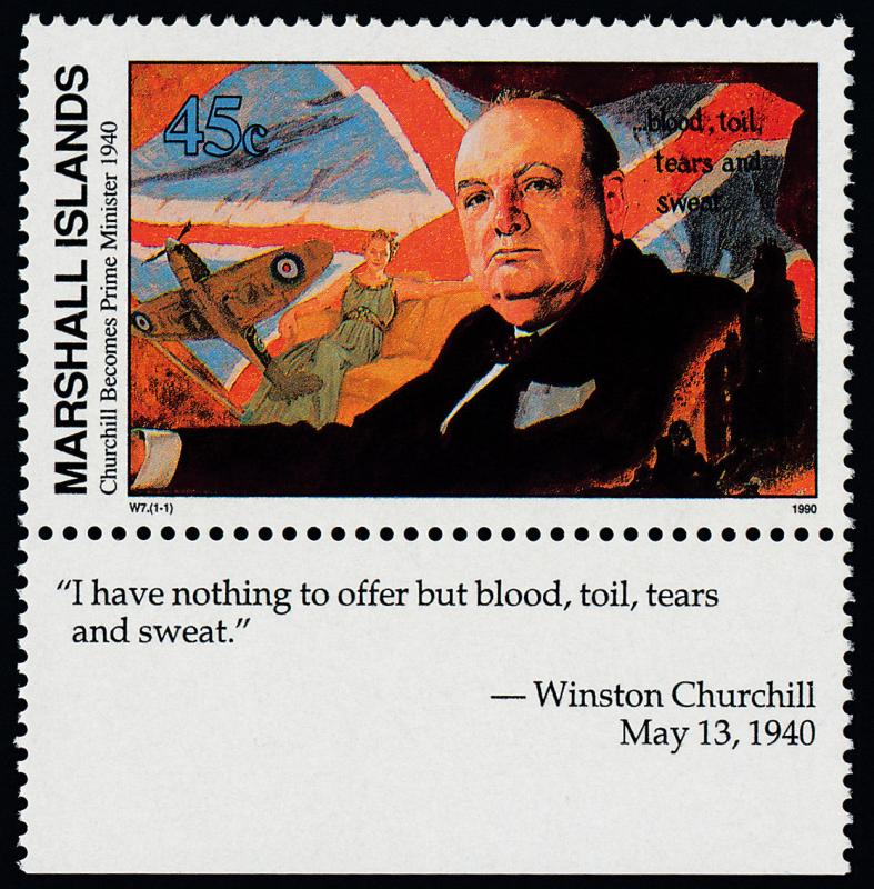 Marshall Islands 251 + label MNH WWII, Churchill, Flag, Aircraft