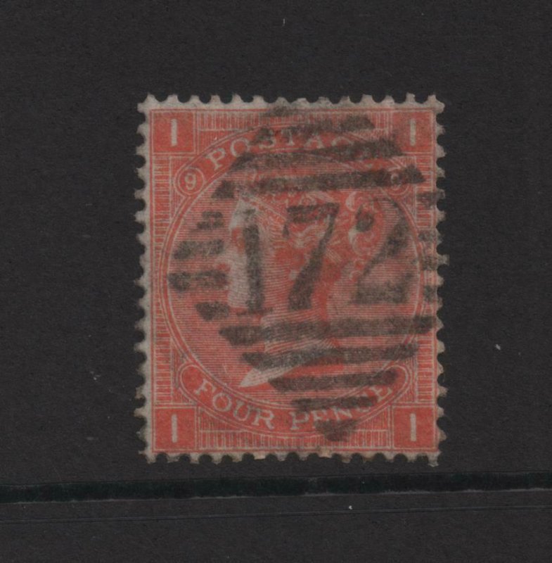 Great Britain 1867 4d SG94 wi Plate 9 inverted watermark - used 