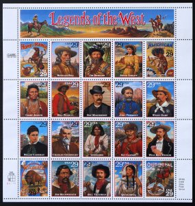 U.S. Mint Stamp Scott #2869 29c Legends of the West Sheet of 20. Never Hinged.