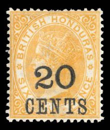 British Honduras #31 Cat$19, 1889 20c on 6p yellow, very lightly hinged