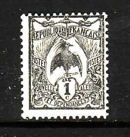 New Caledonia-Sc#88-unused hinged 1c blk green-Kagu-Birds-1905-28-