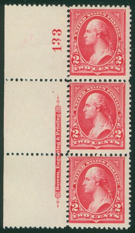 USA : 1895. Scott #251 Mint. Imprint Plate # Strip of 3. PO Fresh perfect NH gum