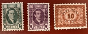 Netherlands, 3 Early Specimen stamps, Mint, Never Hinged